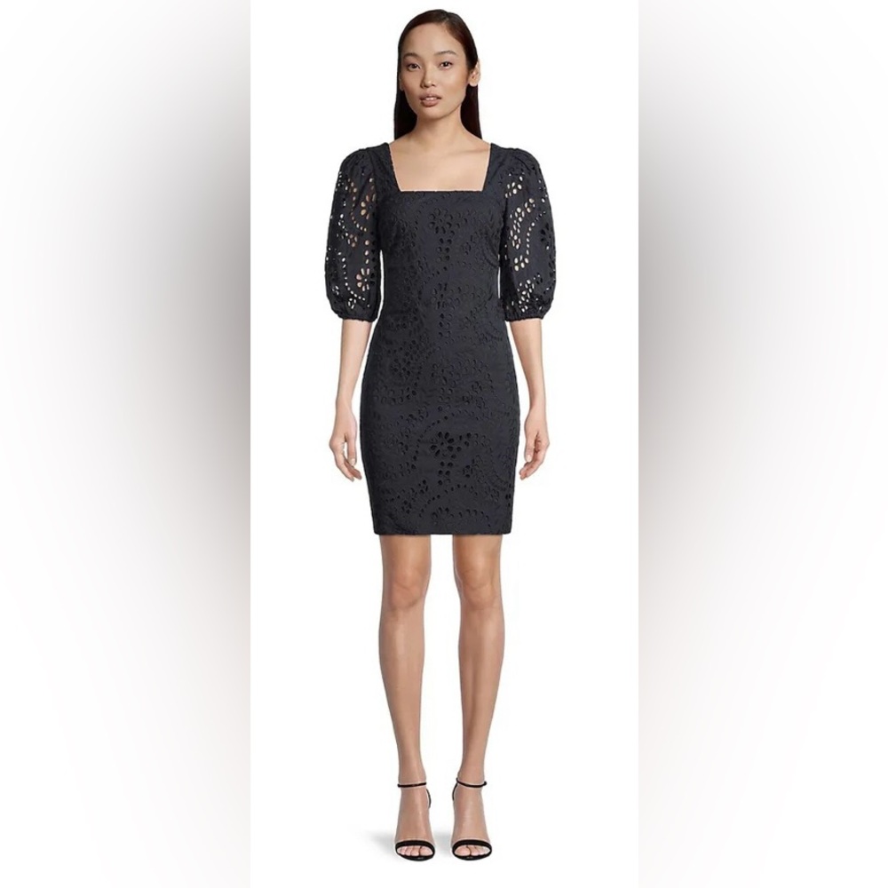Beautiful Eliza J Eyelet embroidered Dress puff sleeves zipper sz 6 nav…